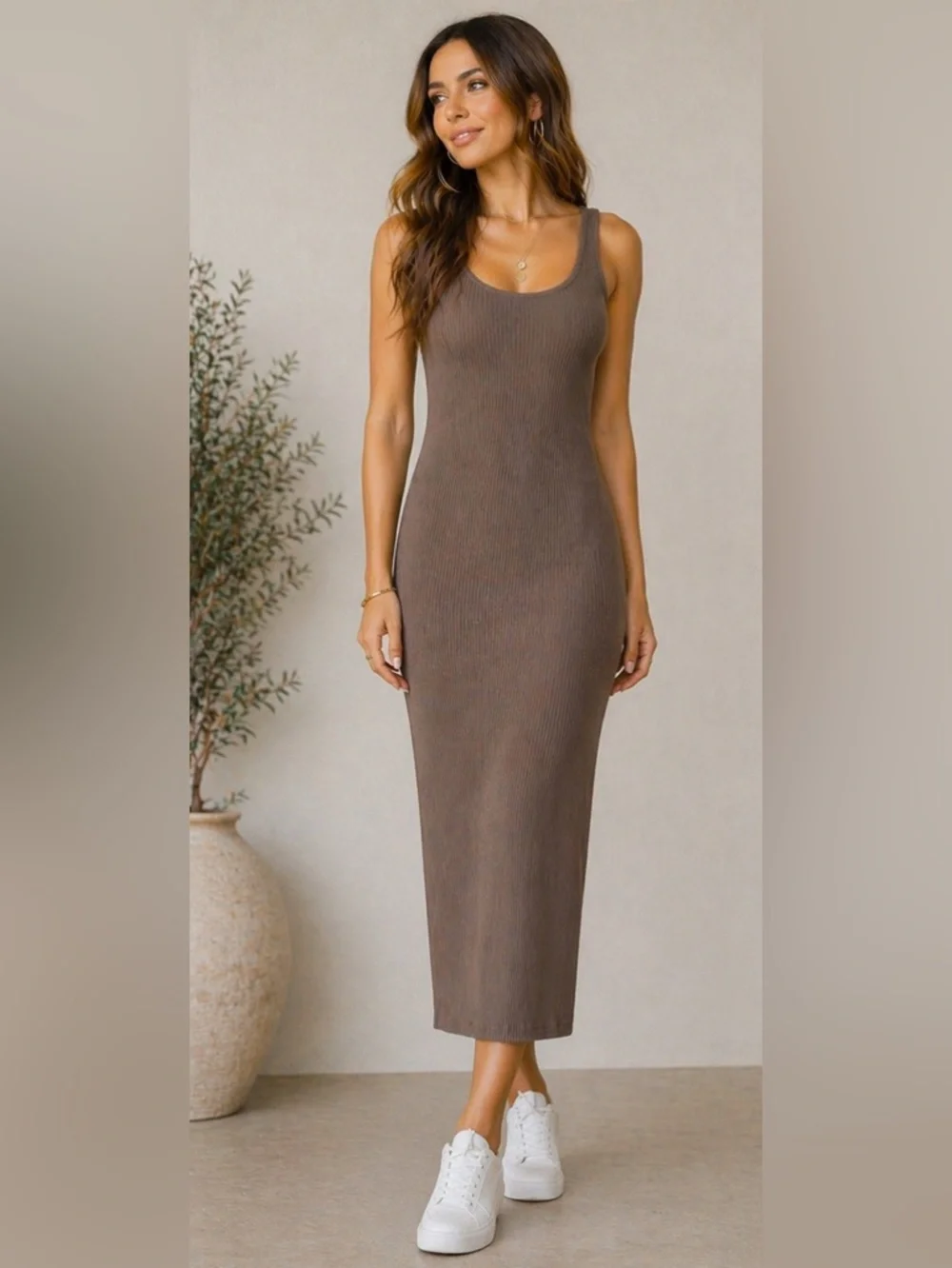H&M Ribbed Sleeveless Maxi Dress in Taupe